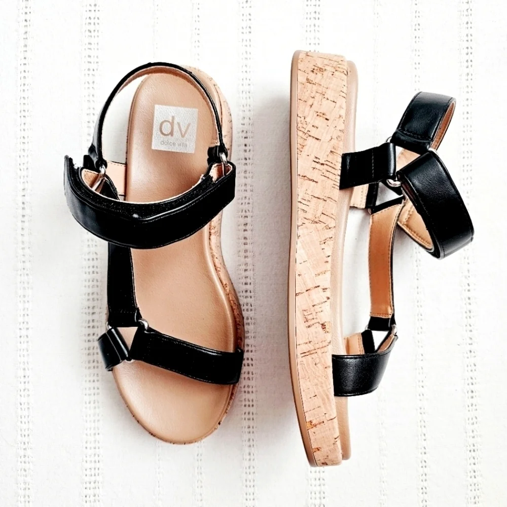 DV Dolce Vita Saedey Velcro Adjustable Strap Cork Platform Black Sandals 8 New